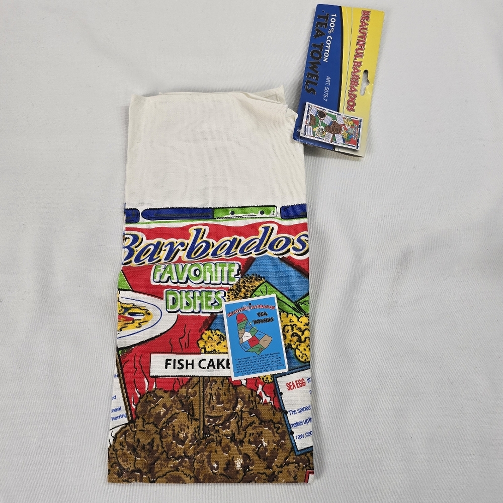 New Barbados Favorite Dishes Linen Tea Towel Vintage Deadstock Recipe Fish Cake